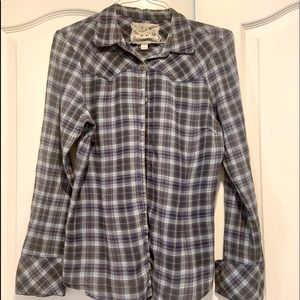 Blue, tan, and white plaid long sleeved shirt